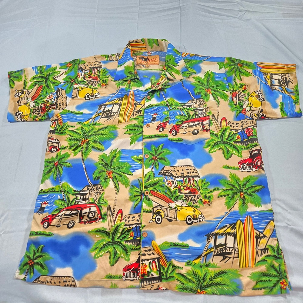 In Gear Fashions Mens Hawaiian Shirt M Blue Tropical Surf Woodie Wagon KOHS31